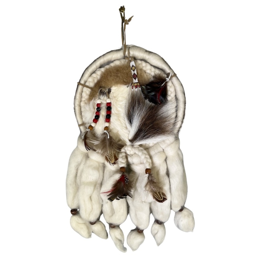Vintage Handmade Dreamcatcher • Mixed Fur & Feathers • Beadwork • Leather Back